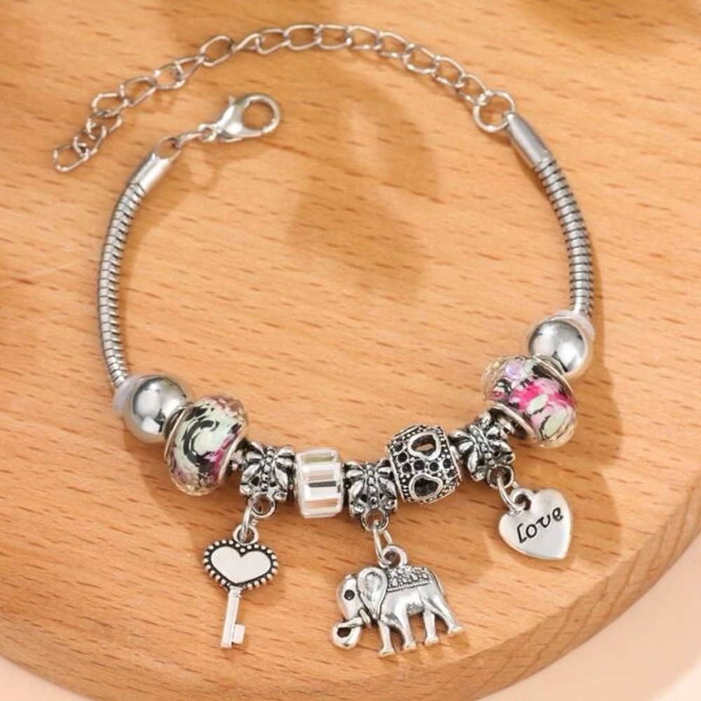 Elephant, Key, Heart Charm bracelet